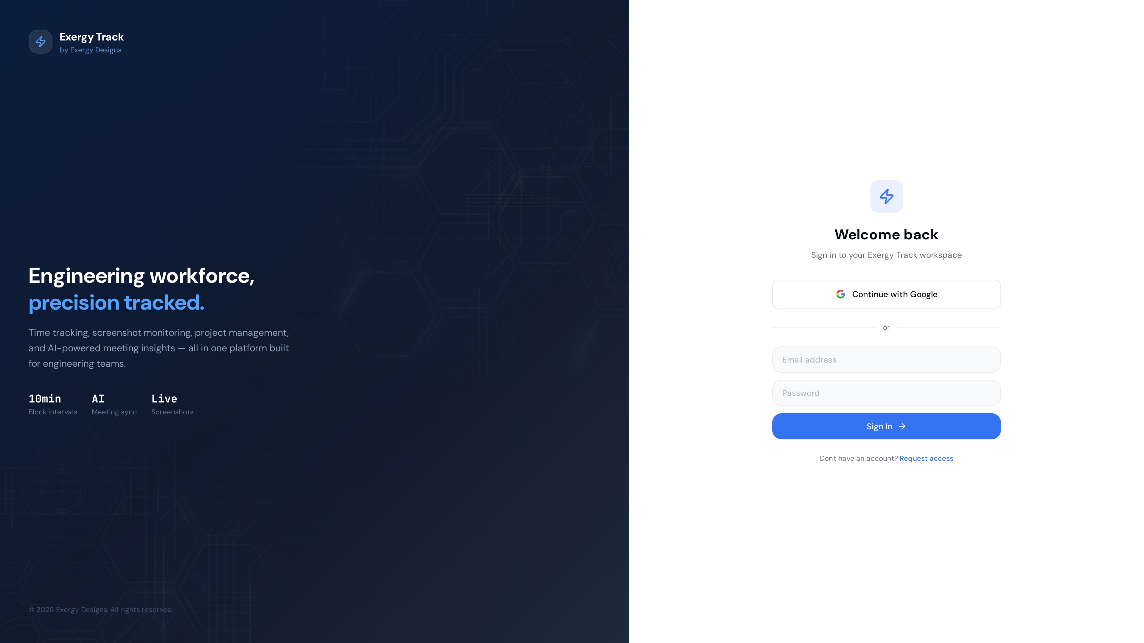 Exergy Track login screen