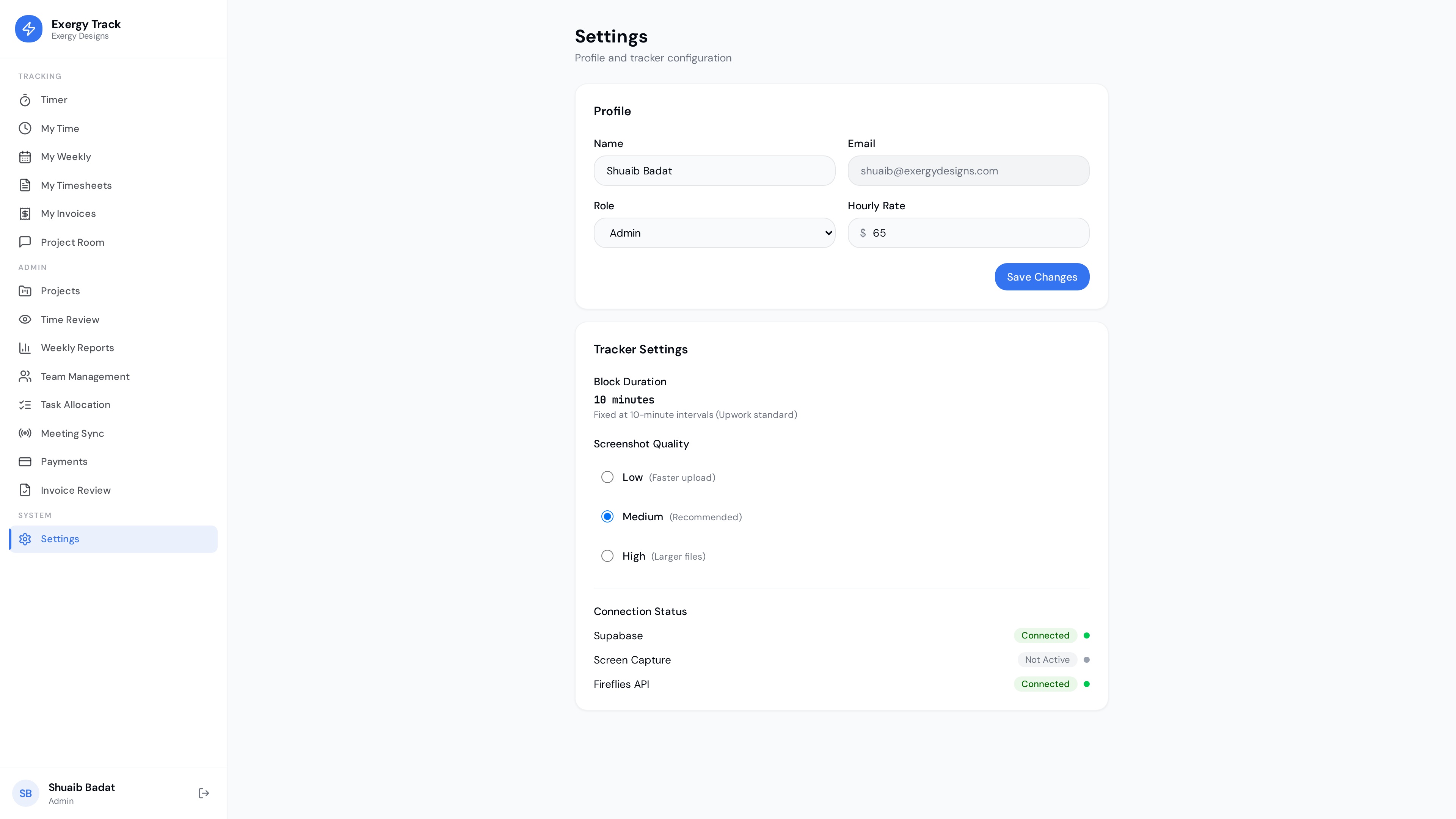 Exergy Track settings