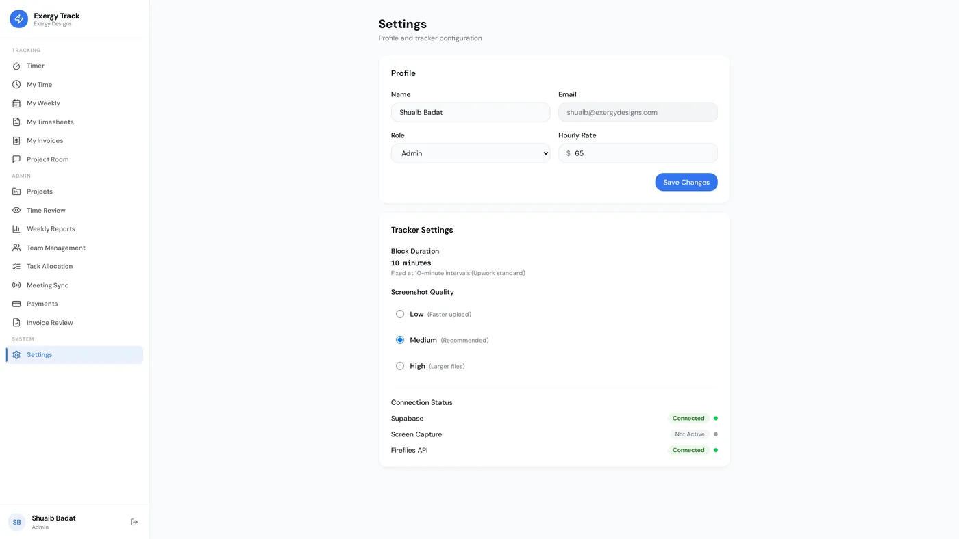 Exergy Track settings